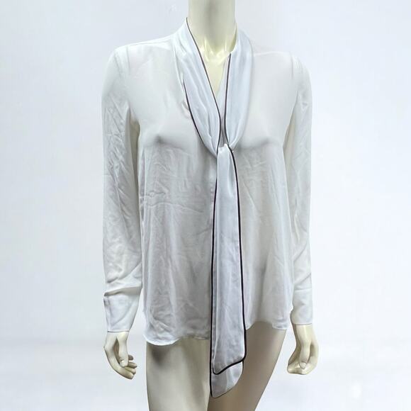 Express White Tie Neck Blouse Black Piping Long Sleeve Silky Small - Picture 1 of 13